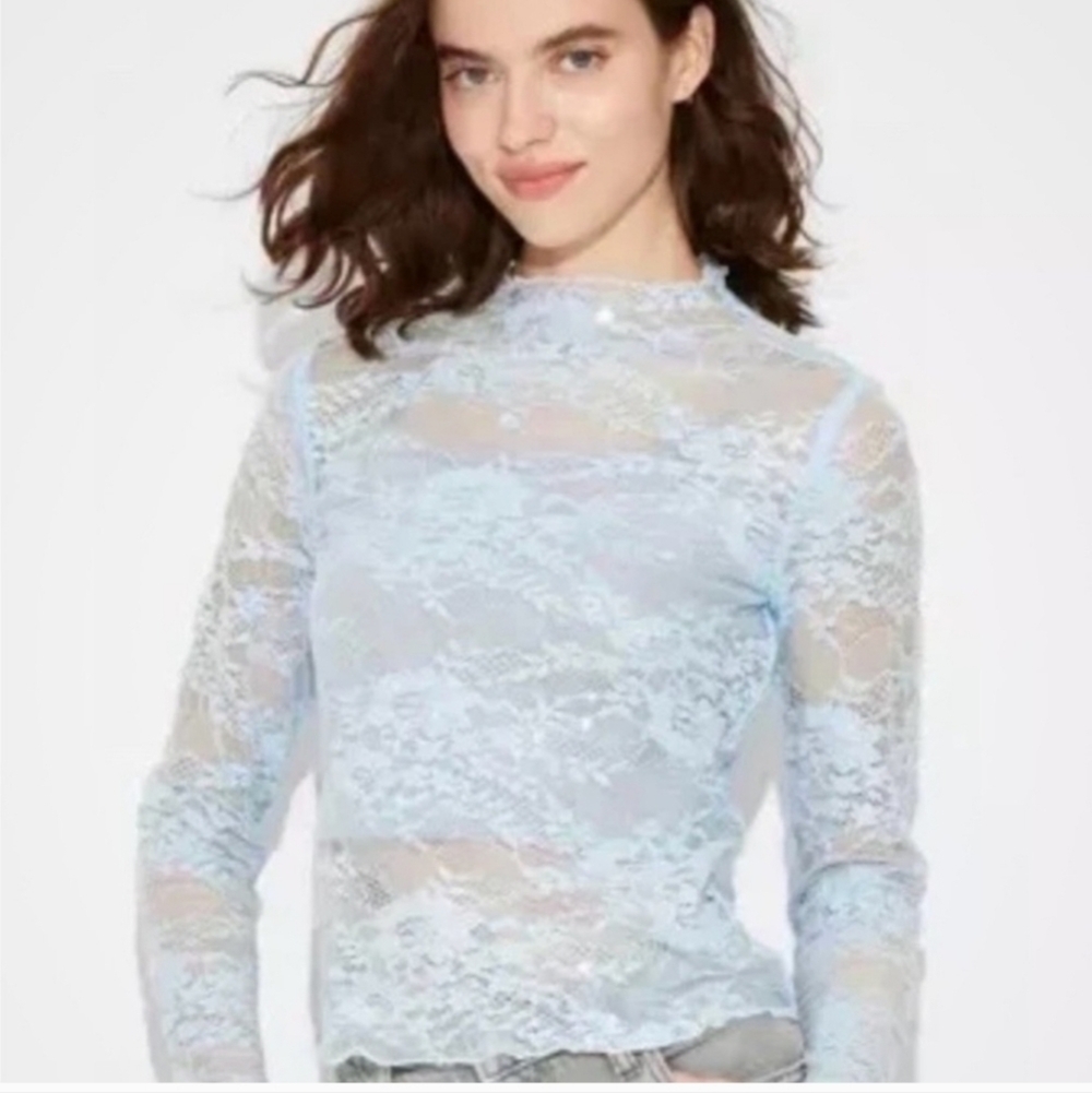 Women's Long Sleeve Lace Sequin Top - Wild Fable Light Blue M